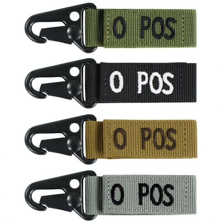 O+ BLOOD TYPE SEWN ON HOOK & LOOP WEBBING STRAP WITH QUICK RELEASE SNAPHOOK.